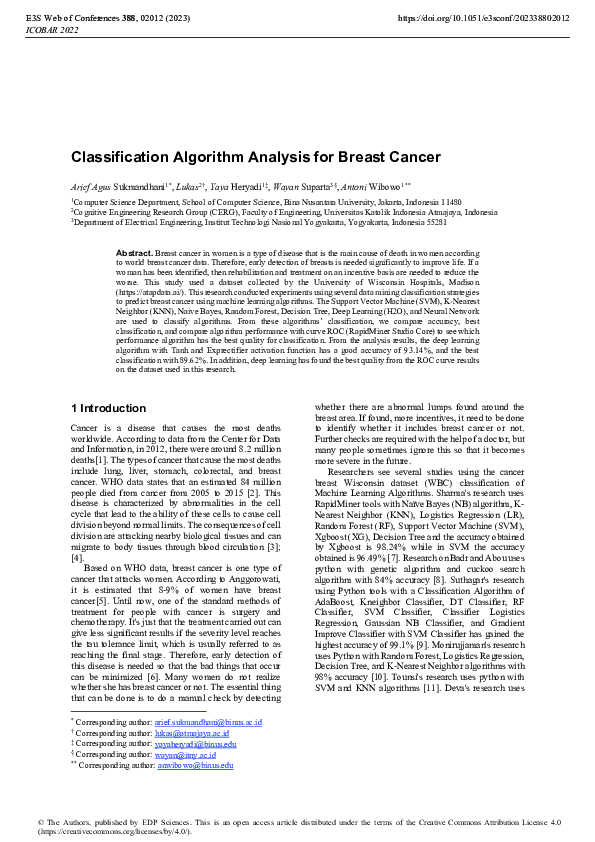 (PDF) Classification Algorithm Analysis for Breast Cancer