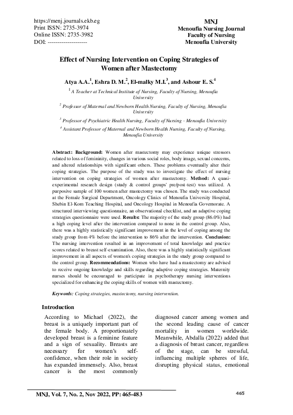 (PDF) Effect of Nursing Intervention on Coping Strategies of Women ...