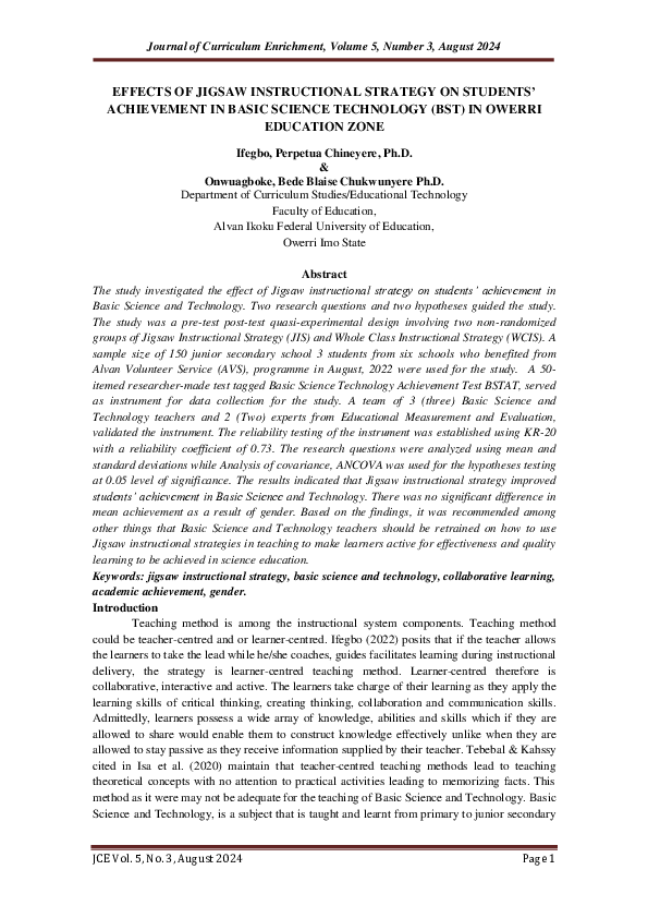 (PDF) EFFECTS OF JIGSAW INSTRUCTIONAL STRATEGY ON STUDENTS’ ACHIEVEMENT ...