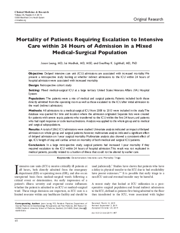 (PDF) Mortality of Patients Requiring Escalation to Intensive Care ...