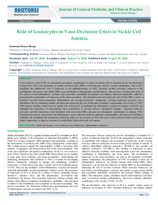 (PDF) Role of Leukocytes in Vaso-Occlusive Crisis in Sickle Cell Anemia