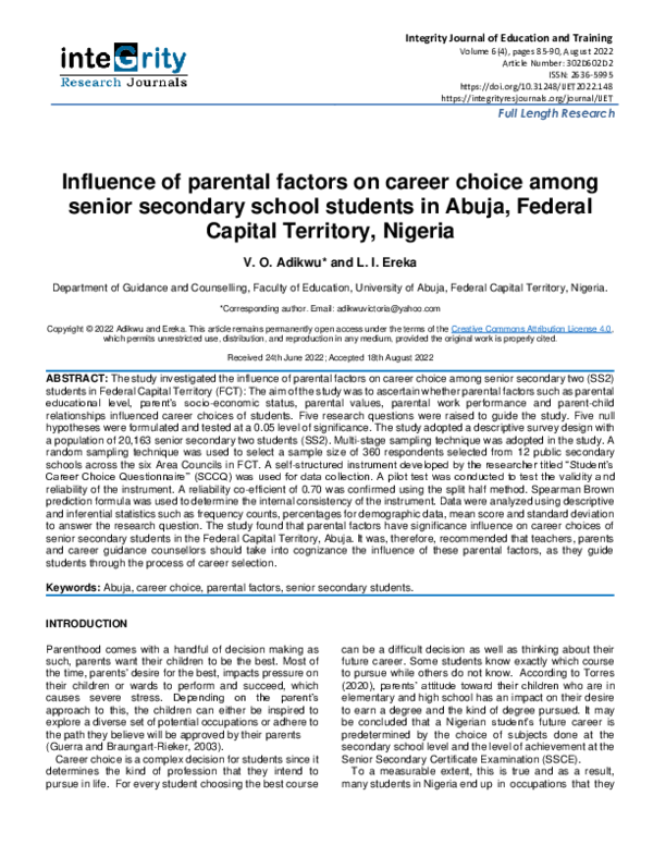 (PDF) Influence of parental factors on career choice among senior ...