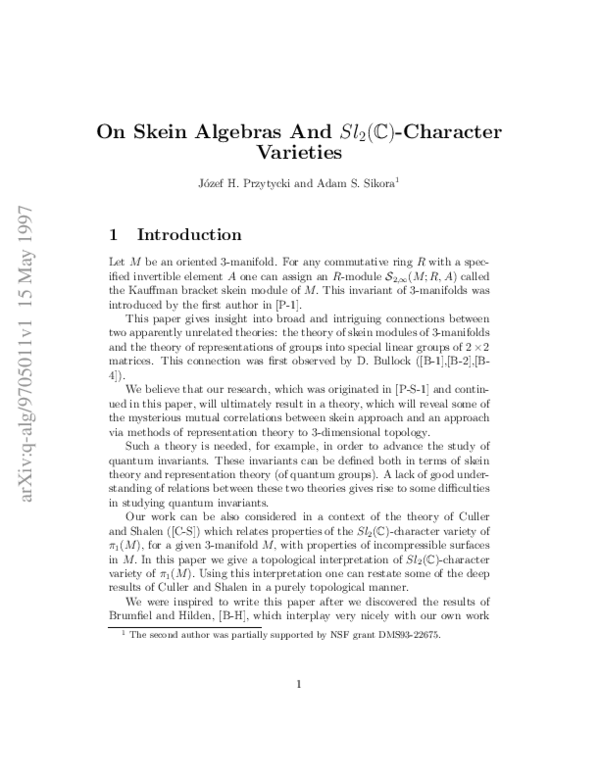 (PDF) On skein algebras and Sl2(C)-character varieties