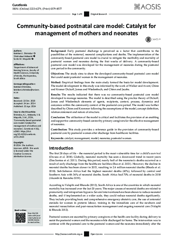 (PDF) Community-based postnatal care model: Catalyst for management of ...