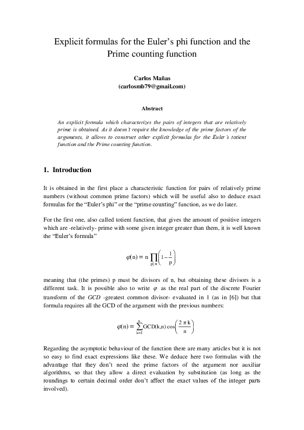 (PDF) Explicit formulas for Euler’s phi function and prime counting ...