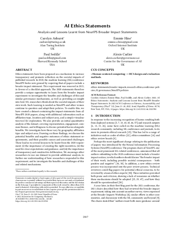 (PDF) AI Ethics Statements