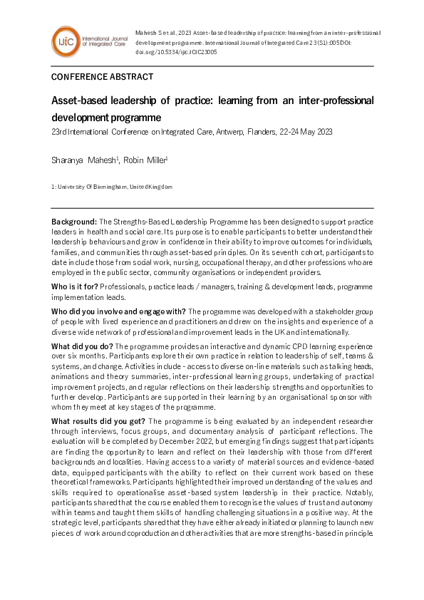 (PDF) Asset-based leadership of practice: learning from an inter ...