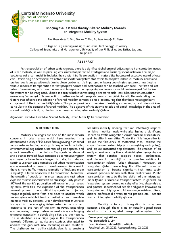 (PDF) Bridging the Last Mile through Shared Mobility towards an ...