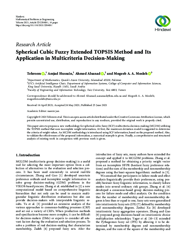 (PDF) Spherical Cubic Fuzzy Extended TOPSIS Method and Its Application ...