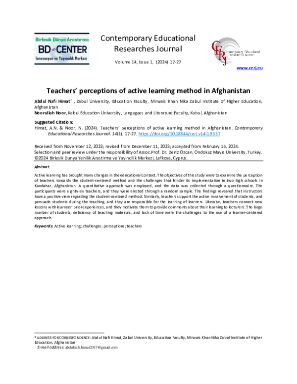 (PDF) Teachers’ perceptions of active learning method in Afghanistan