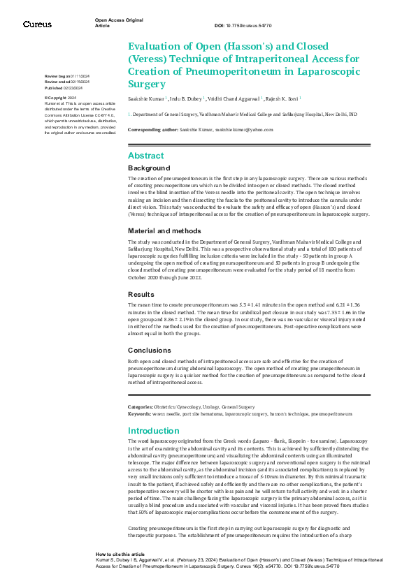 (PDF) Evaluation of Open (Hasson's) and Closed (Veress) Technique of ...