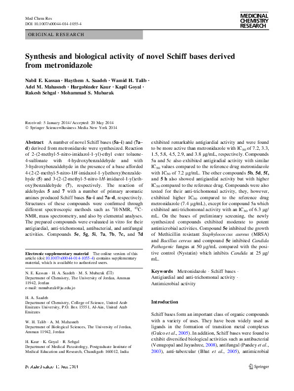 (PDF) Synthesis and biological activity of novel Schiff bases derived ...
