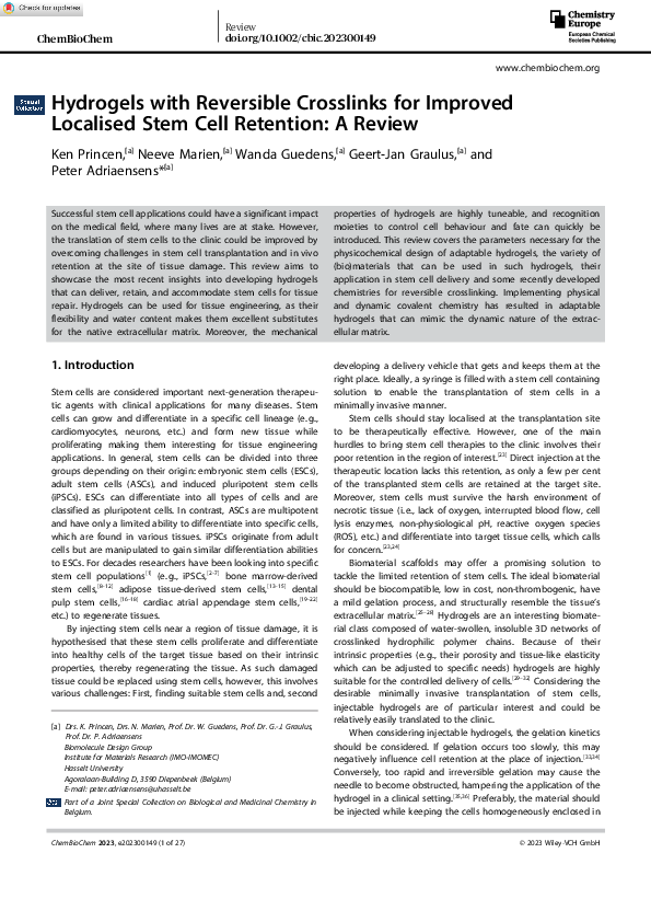 (PDF) Hydrogels with reversible cross‐links for improved localised stem ...
