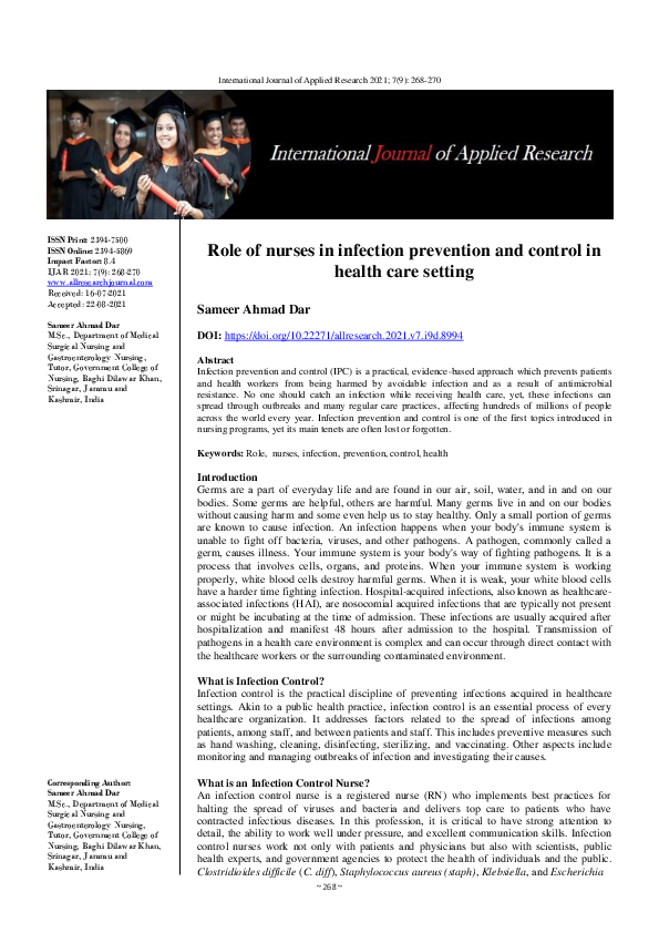 (PDF) Role of nurses in infection prevention and control in health care ...