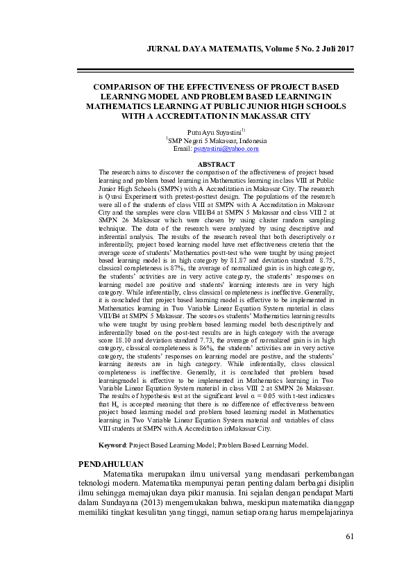 (PDF) Comparison of the Effectiveness of Project Based Learning Model ...