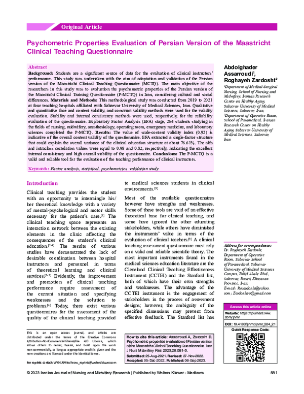 (PDF) Psychometric Properties Evaluation of Persian Version of the ...