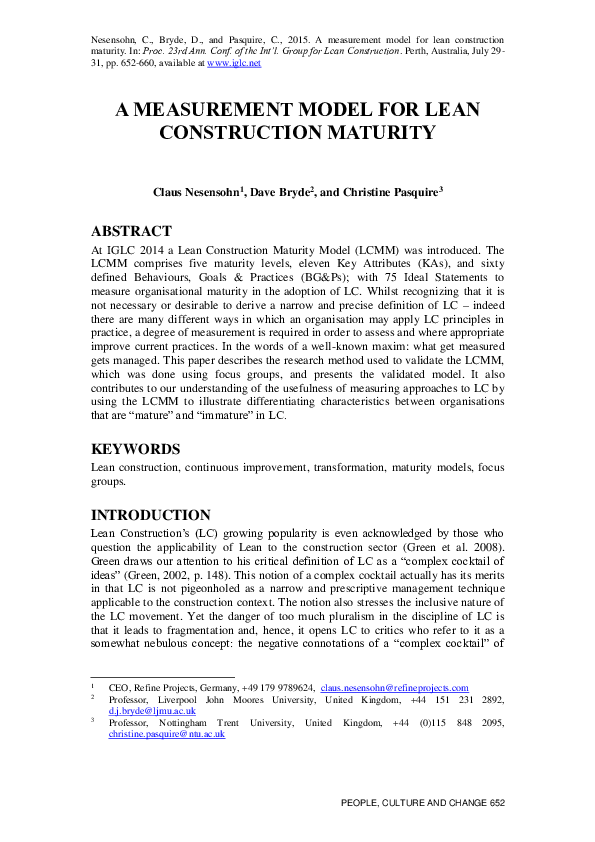 (PDF) A Measurement Model for Lean Construction Maturity