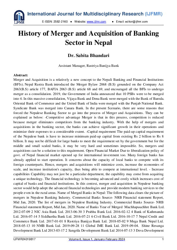 (PDF) History of Merger and Acquisition of Banking Sector in Nepal