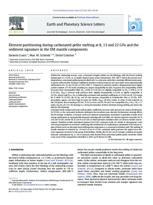 (PDF) Element partitioning during carbonated pelite melting at 8, 13 ...