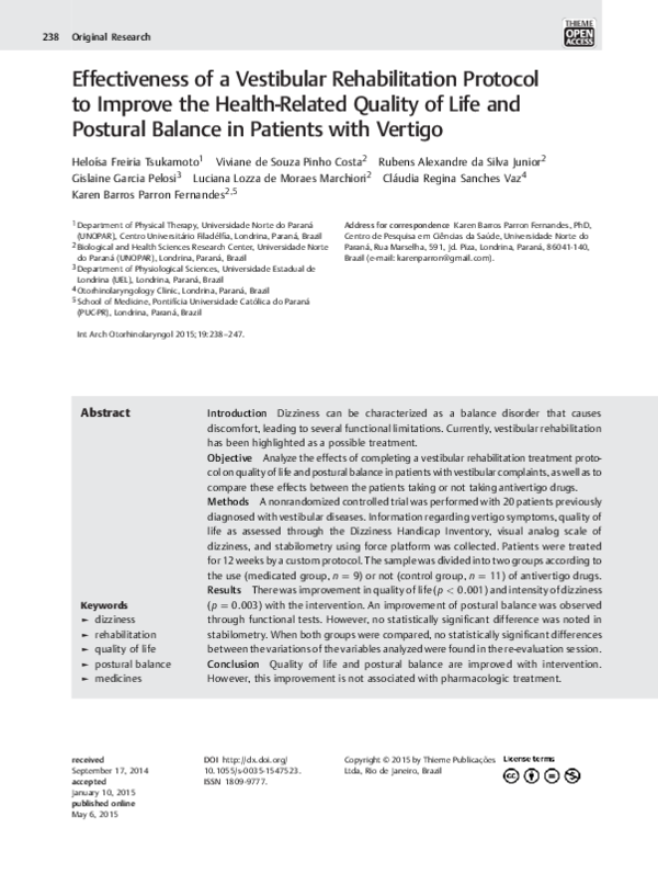 (PDF) Effectiveness of a Vestibular Rehabilitation Protocol to Improve ...