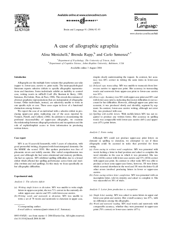 (PDF) A case of allographic agraphia | Brenda Rapp - Academia.edu