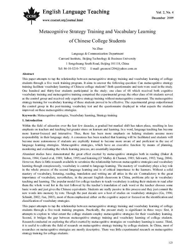 (PDF) Metacognitive Strategy Training and Vocabulary Learning of ...