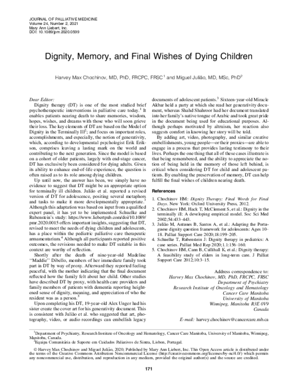 (PDF) Dignity, Memory, and Final Wishes of Dying Children