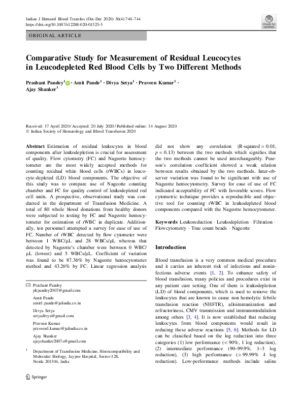 (PDF) Comparative Study for Measurement of Residual Leucocytes in ...