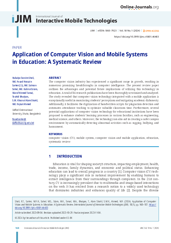 (PDF) Application of Computer Vision and Mobile Systems in Education: A ...