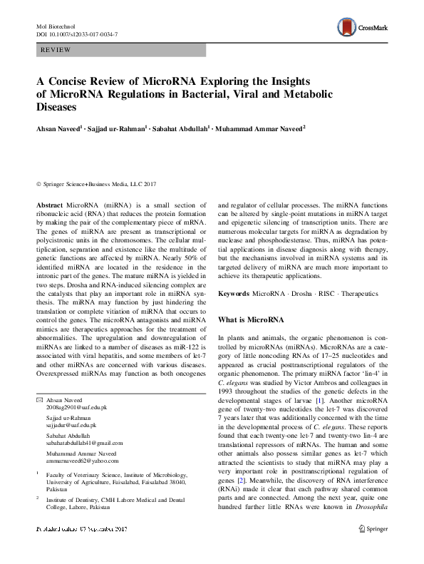 (PDF) A Concise Review of MicroRNA Exploring the Insights of MicroRNA ...
