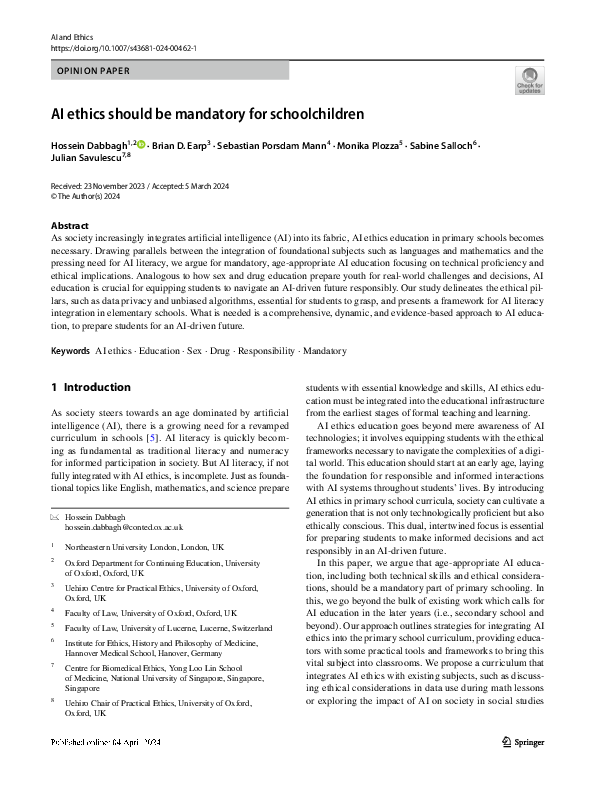 (PDF) AI ethics should be mandatory for schoolchildren