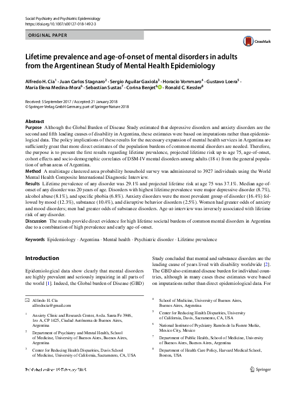 (PDF) Lifetime prevalence and age-of-onset of mental disorders in ...