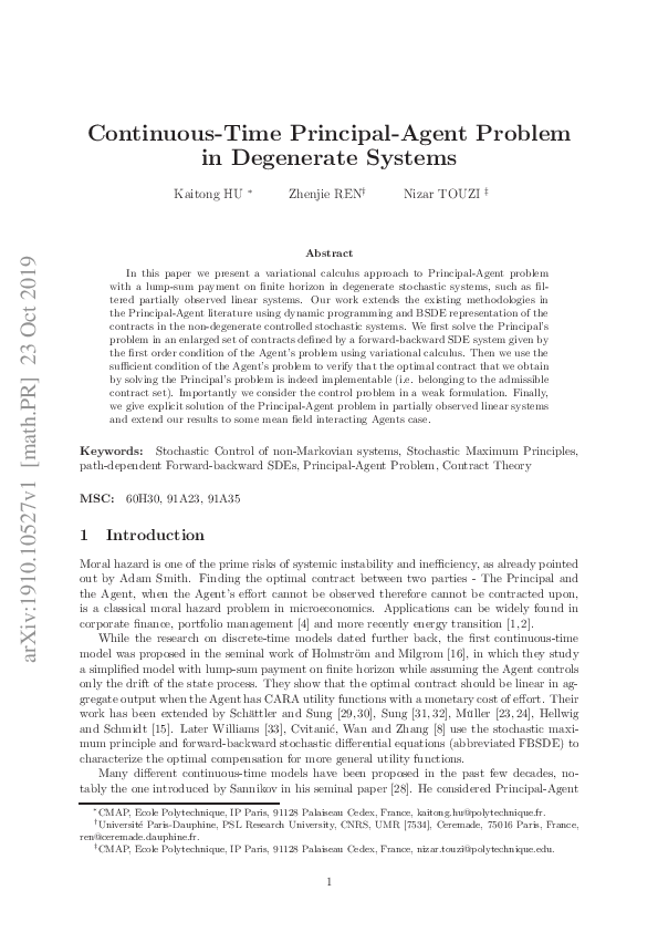(PDF) Continuous-Time Principal-Agent Problem in Degenerate Systems