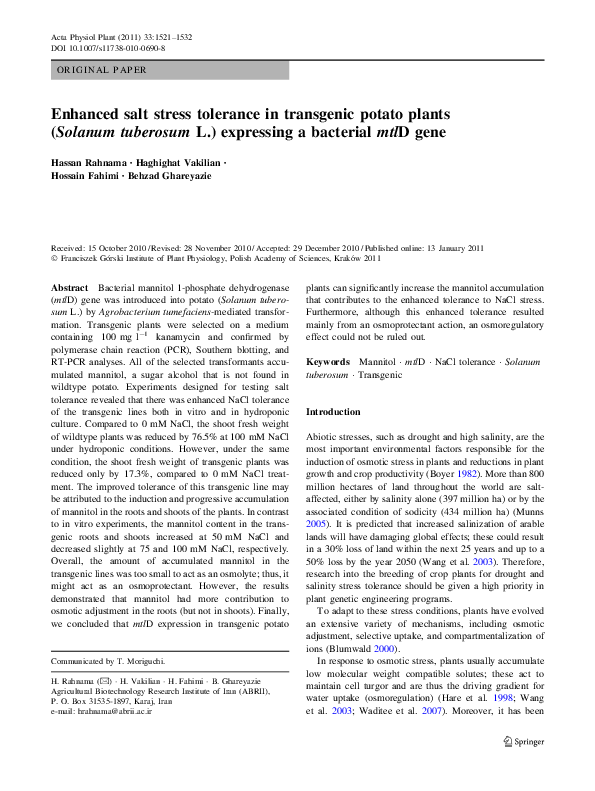 (PDF) Enhanced salt stress tolerance in transgenic potato plants ...