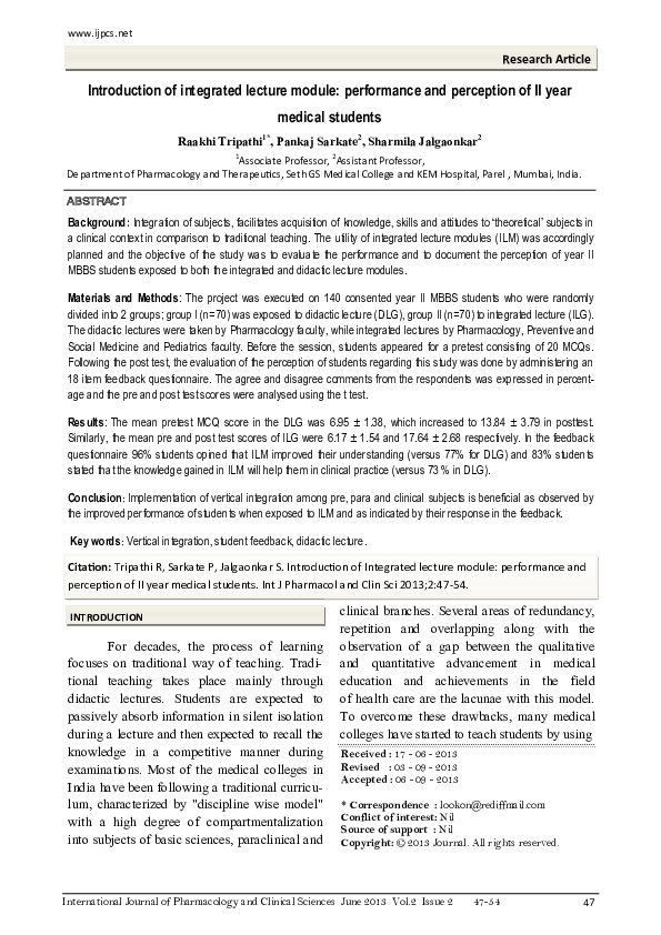 (PDF) Introduction of integrated lecture module: performance and ...