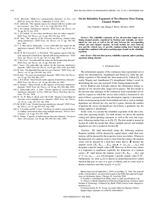 (PDF) On the Reliability Exponents of Two Discrete-Time Timing Channel ...