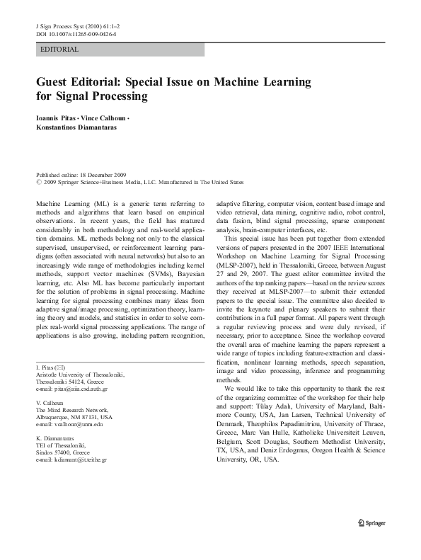 (PDF) Guest Editorial: Special Issue on Machine Learning for Signal ...