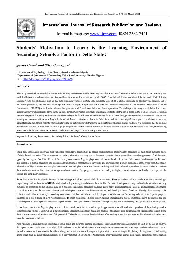 (PDF) Students' Motivation to Learn: is the Learning Environment of ...