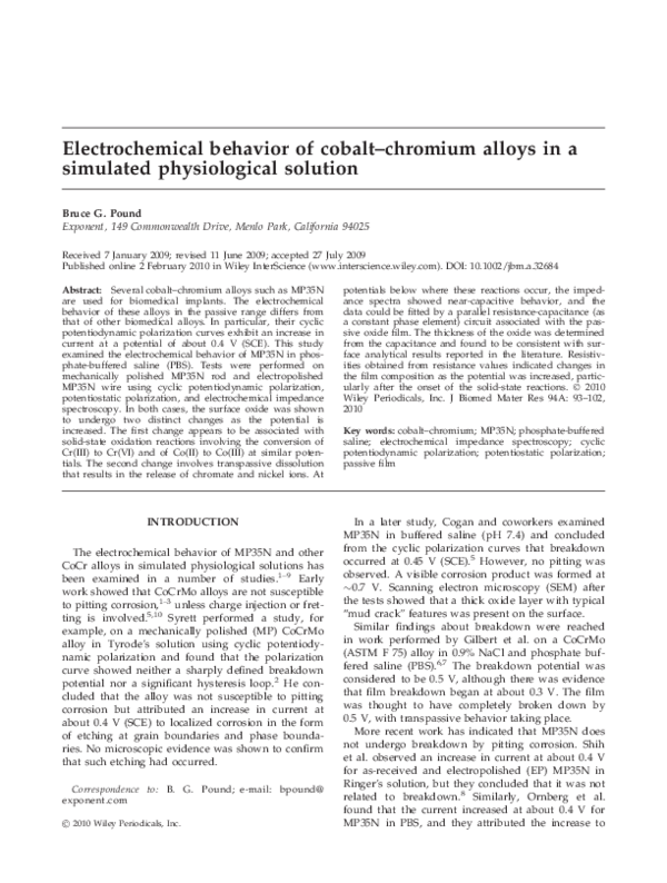 (PDF) Electrochemical Behavior of Cobalt-Chromium Alloy as Biomaterial ...