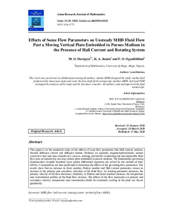 (PDF) Effects of Some Flow Parameters on Unsteady MHD Fluid Flow Past a ...