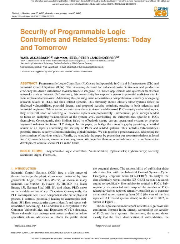 (PDF) Security of Programmable Logic Controllers and Related Systems ...