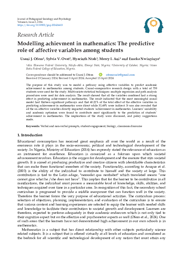 (PDF) Modelling achievment in mathematics: The predictive role of ...