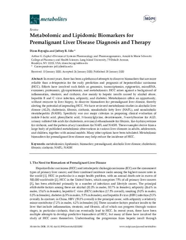(PDF) Metabolomic and Lipidomic Biomarkers for Premalignant Liver ...