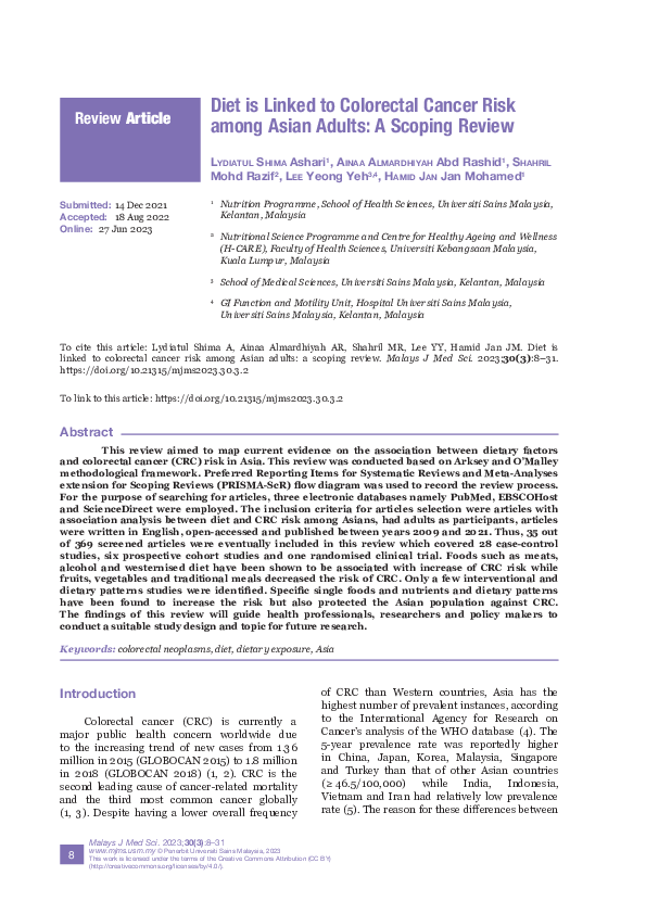 (PDF) Diet is Linked to Colorectal Cancer Risk among Asian Adults: A ...