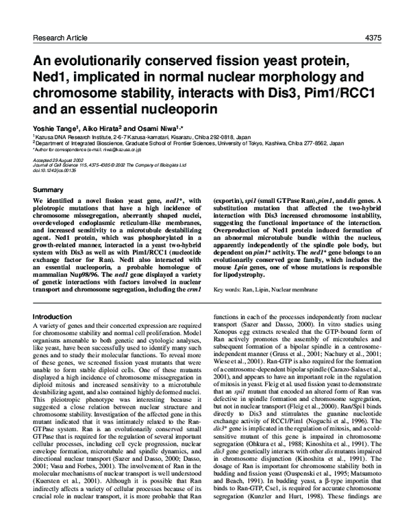 (PDF) An evolutionarily conserved fission yeast protein, Ned1 ...