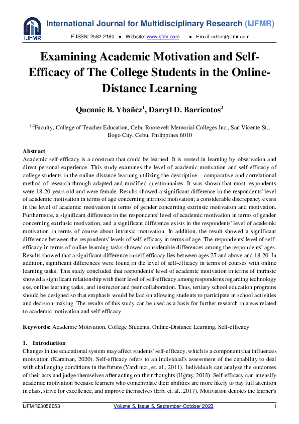 (PDF) Examining Academic Motivation and Self-efficacy of the College ...