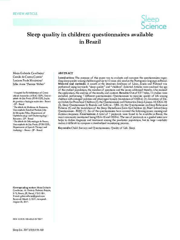 (PDF) Sleep quality in children: questionnaires available in Brazil