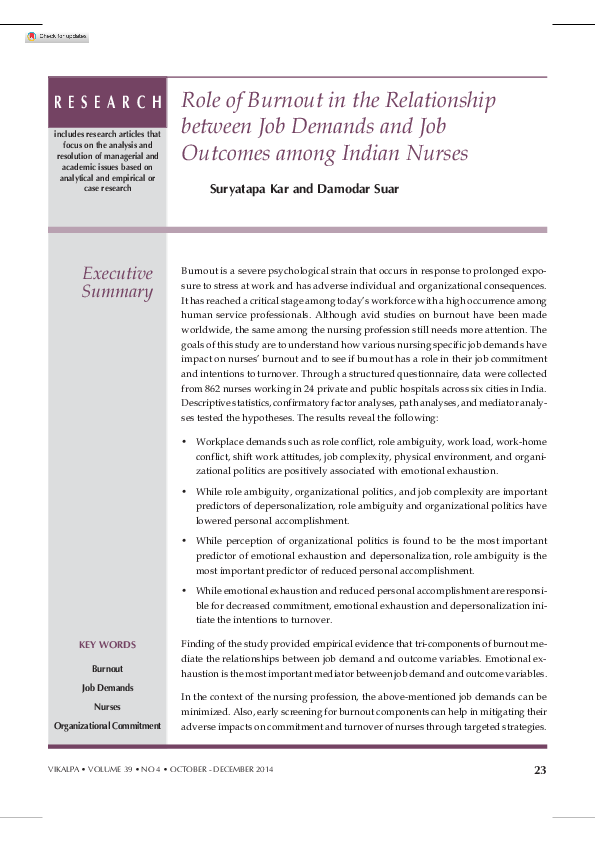 (PDF) Role of Burnout in the Relationship between Job Demands and Job ...