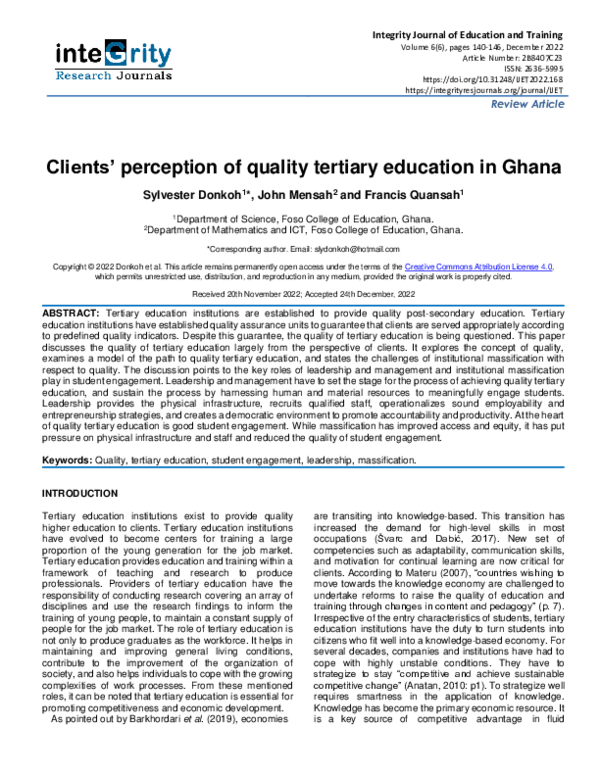(PDF) Clients’ perception of quality tertiary education in Ghana