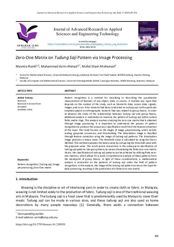 (PDF) Zero-One Matrix on Tudung Saji Pattern via Image Processing